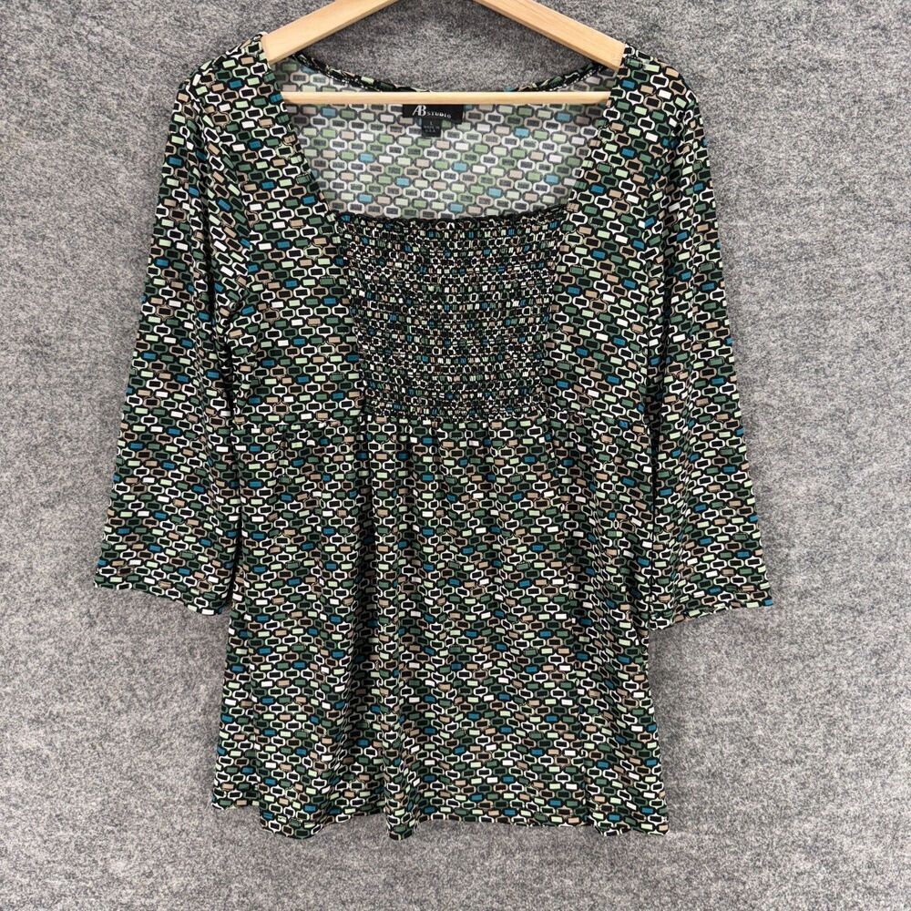 AB Studio Tunic Top Women L Large Black Geometric 3/4 Sleeve Square Neck Casual
